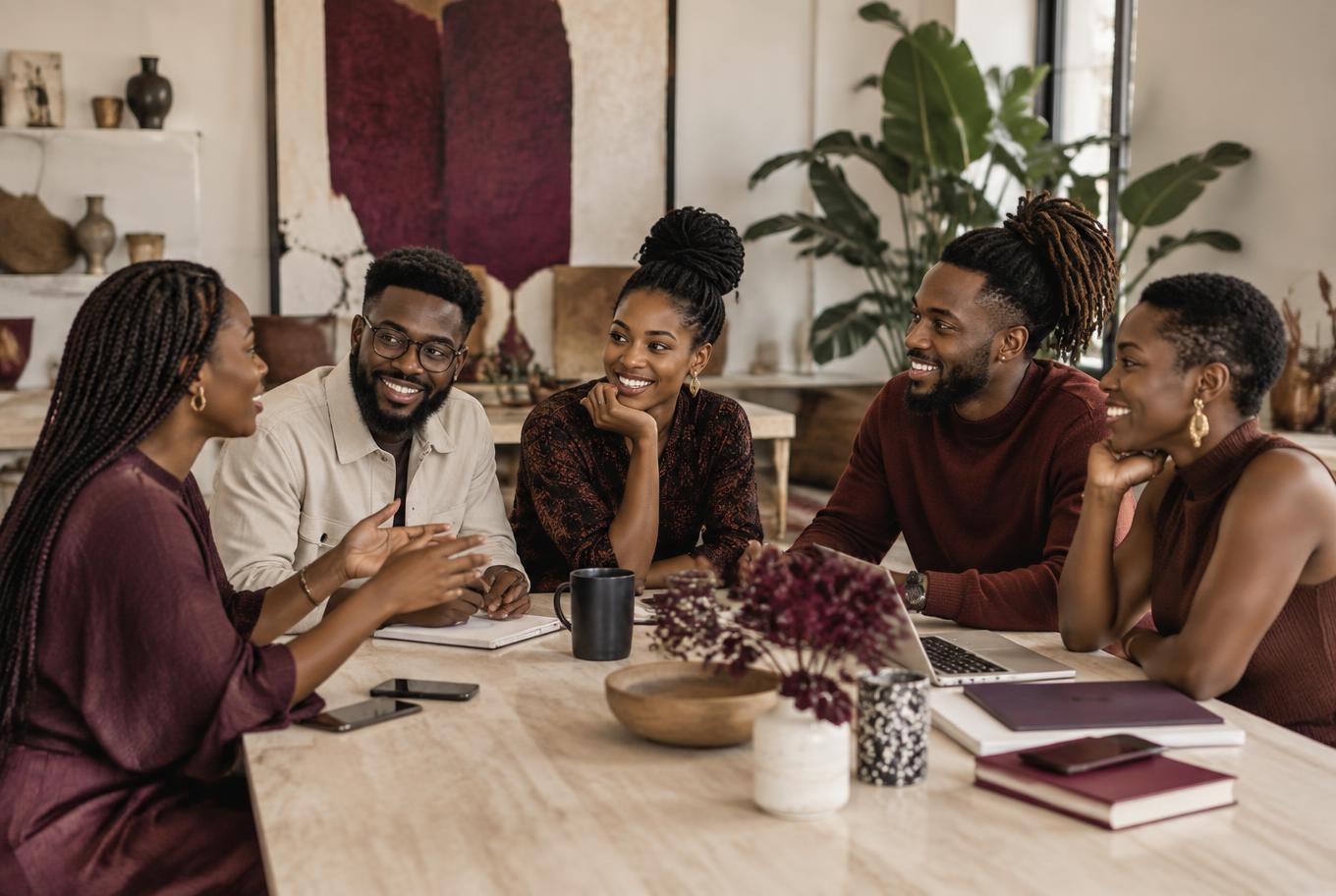 Entrepreneurs and creators sharing ideas around a studio table